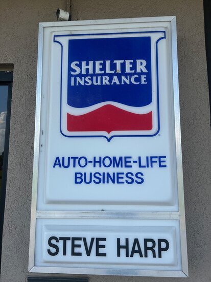 Shelter Insurance logo outside Steve Harp's office