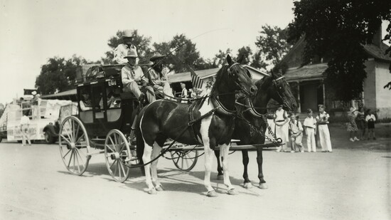 1991.42.1060K, City of Greeley Museums, Hazel E. Johnson Collection. Harvey Witwer and Stow Witwer in Horse-Drawn Coach, ca. 1931-1941, photographer unknown.