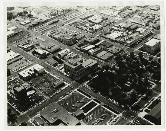 1992.75.0389, City of Greeley Museums, Lew Dakan Collection. Aerial of downtown Greeley, 8 August 1974, photograph by Lew Dakan. 