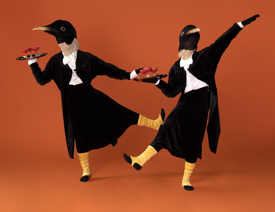 Penguin waiters cavort in "Still Life" (Photo Frank Atura).