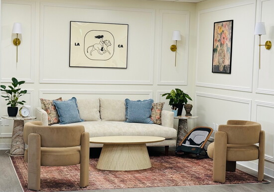 The chic welcome lounge has a residential feel 