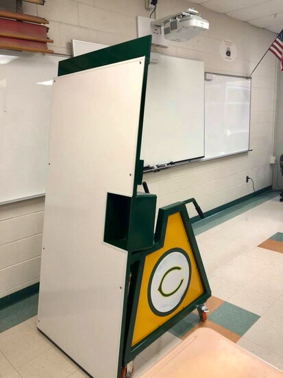 Wingshield stands at the ready in a classroom. Photo provided.