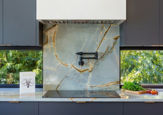 Veined marble with a natural view backsplash