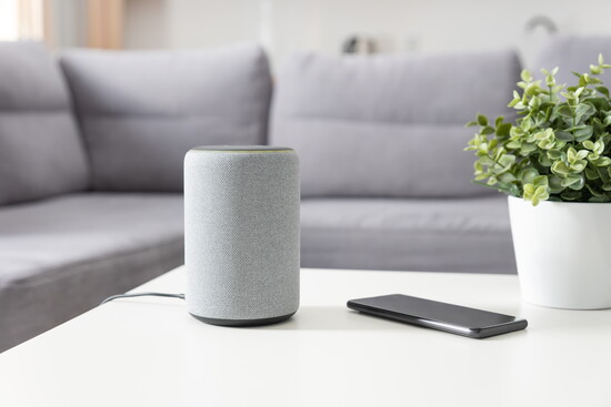 Smart speaker on a coffee table.