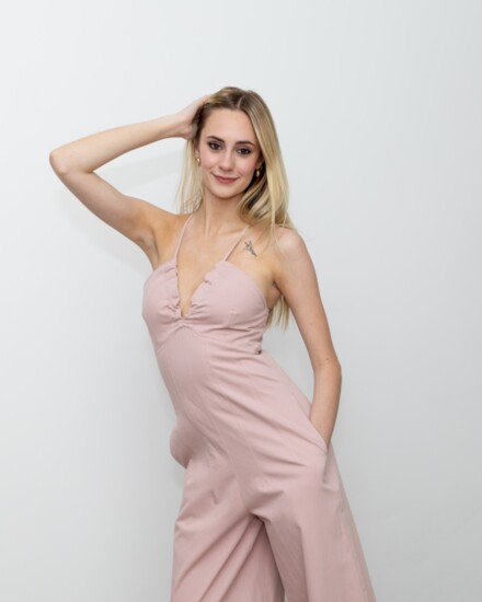 Mauve Wide Leg Jumpsuit, ruffle detail, open back, tie closure detail.