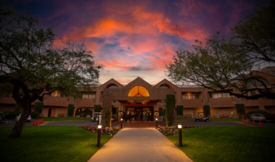 The lodge entrance at sunset 