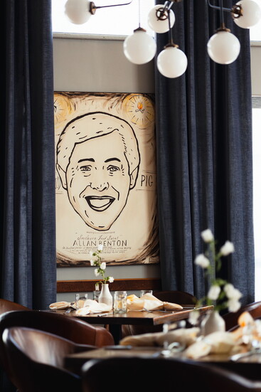 Portrait of Allan Benton, Owner of Benton’s Smoky Mountain Cured Hams – vendor, cuisine collaborator, and friend of Chef Joseph. (Painting by Amy Campbell)