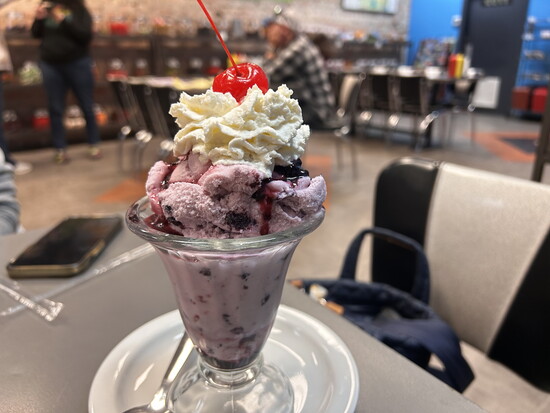 A huckleberry Sunday at Norm's Soda Fountain in Kalispell