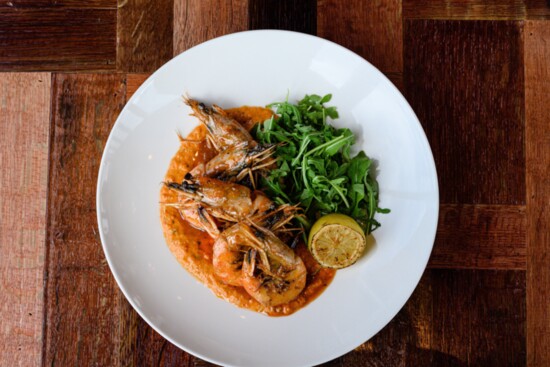 Sautéed Prawns, Head/Shell on Prawns, Romesco Sauce, Grilled Lemon