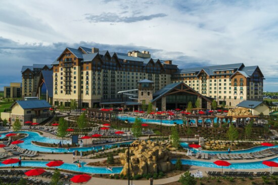 The water park features an outdoor water slide, hot tubs, a lap pool, and a 720-foot long lazy river that includes waterfalls, water jets, and bubblers.