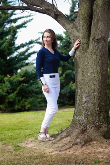 The Marble classic blue sweater ($112) pairs perfectly with the Liverpool white slip on jeans ($98) and a pair of Charleston Cannon summer wedges ($135).