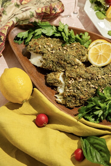 Sunflower Seed Pesto Crusted Cod