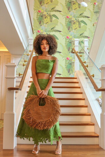 Aniya in Delilah Palm Cutwork Top and Skirt with Cleo Fringe Raffia Bag