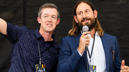 FVF co-founders Aaron Von Flatern and Josh Fogelman speak on the Moody Amphitheatre stage during HAAM Day 2022.