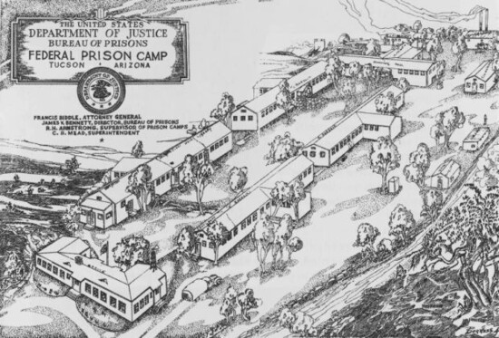 An early sketch showing the federal prison camp 