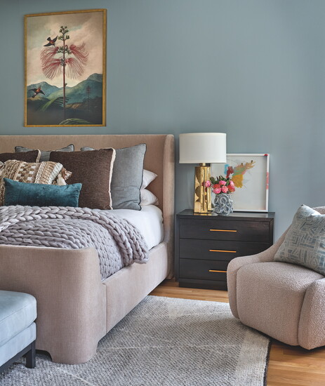 Custom made Brooks bed from CR Laine is offset by Suki Large Nightstand from Four Hands