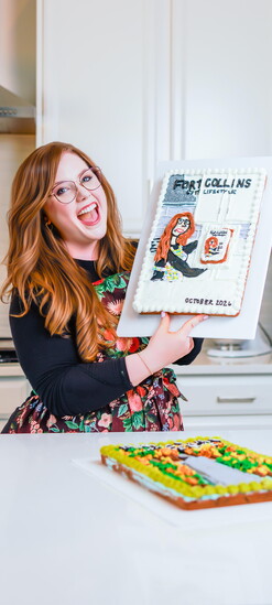 Boulay celebrates Fort Collins City Lifestyle with a cake depicting herself holding the magazine cover