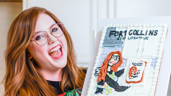 Boulay celebrates Fort Collins City Lifestyle with a cake depicting herself holding the magazine cover