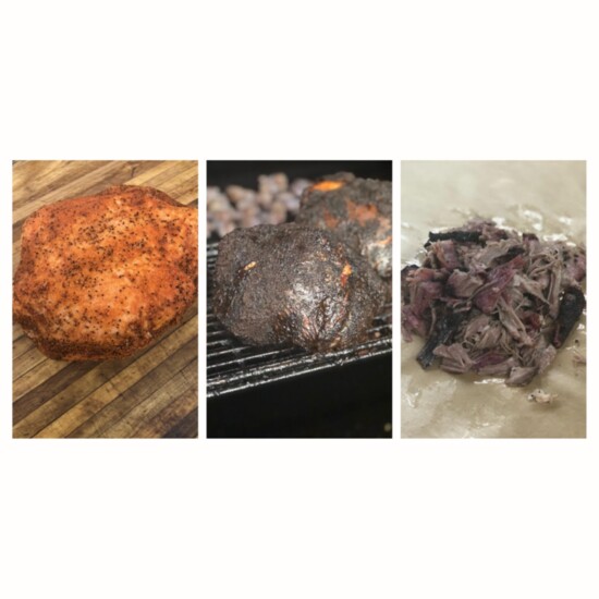 Three stages of pulled pork