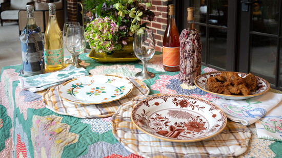 A soup tureen becomes seasonless with a fresh arrangement with stems from Le Fleur and clippings from a blooming tree in the yard. 