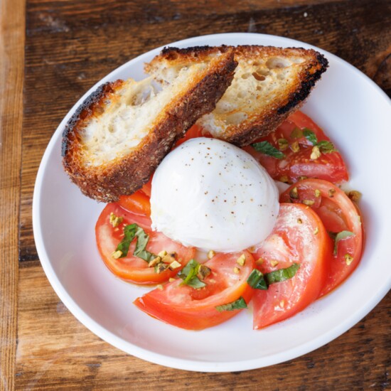 Burrata (marinated tomato confit, basil, aged balsamic, crostini)