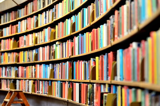 Books on shelves in a library.