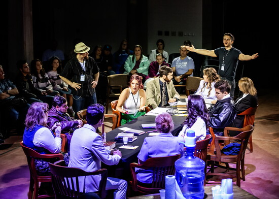 Grant Holland commands the courtroom during a powerful scene from 12 Angry Jurors.