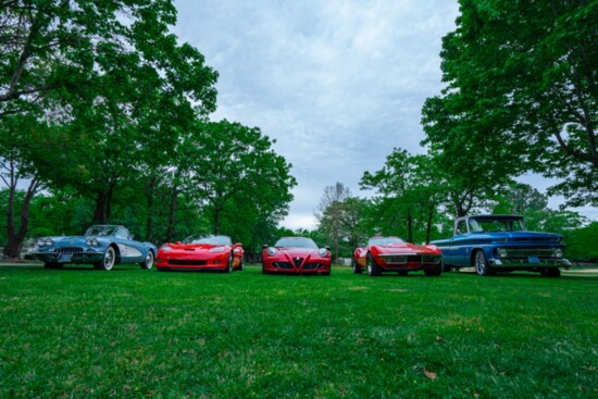 Blue 59 Corvette convertible, red 2011 Corvette, red 2016 Alpha Romeo, red 71 Corvette, blue 64 Chevy pickup