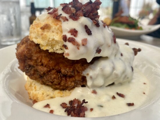 The Smothered Chicken Biscuit at Scratch will definitely fill you up for brunch.