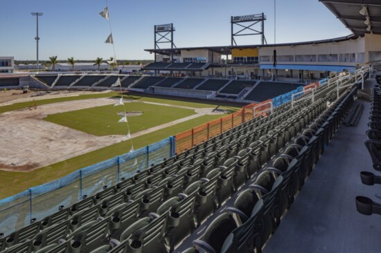 The grass is in and the lights are on at the new Braves spring training stadium. The construction work is in its final stages.