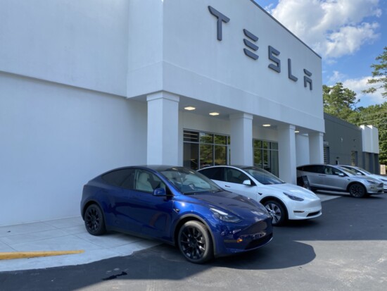 The front facade of the new Tesla Service Center in Fayetteville.