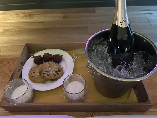 Chocolate covered strawberries, champagne, and the best chocolate chip cookies from The Albert