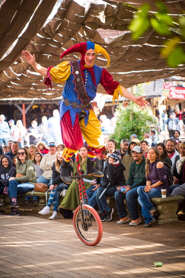 Colorful jester entertains crowds with unicycle antics.