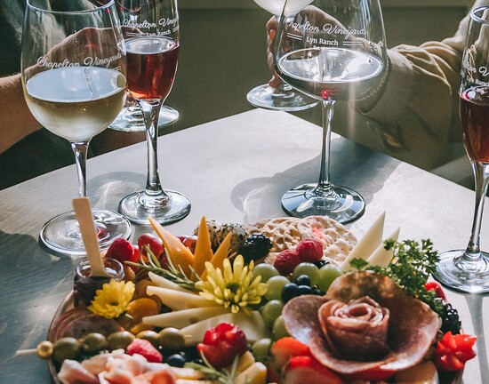 Charcuterie plate and wine in Chapelton Vineyards tasting room. (Photo Credit: Chapelton Vineyards)