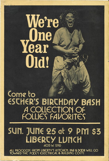 Esther's Follies poster for its one year birthday bash. 