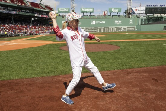 Carole Orland throwing the first pitch at the Red Sox game, thanks to Bill Mitchell.