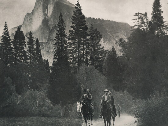 John Muir (left) and Theodore Roosevelt (right) ride back into the valley after a night atop Glacier Point.