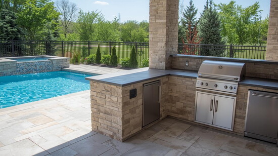 A pool patio designed by M&G Landscaping