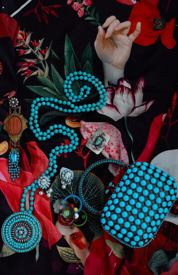 Turquoise Clara Kasavina bag. Larry Vrba earrings with pearls.
