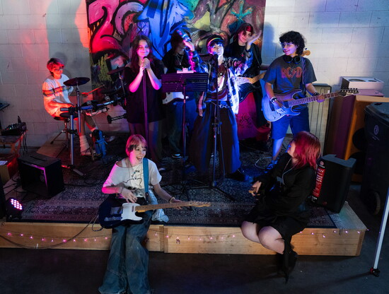 A stage, musical instruments and sound system offer opportunities to explore music with friends at HUE. Photo credit: Matt Vega