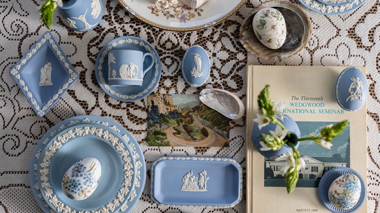 Wedgwood Queensware plates, Wedgwood Jasperware trinket dishes, vases, vintage Wedgwood lidded egg box, vintage postcard, vintage Mint Museum Wedgwood