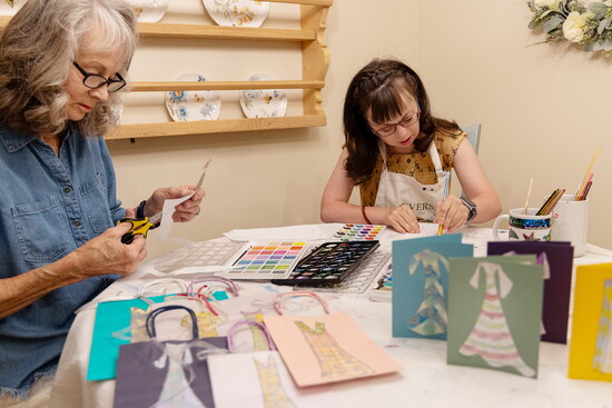 Rebecca + her mom Jenny create gift bags + greeting cards featuring high fashion designs in pastels.