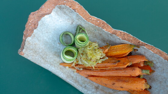 Roasted carrots and zucchini with creamy leeks