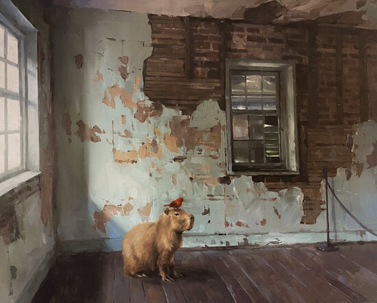 "A friend indeed" by Larry Moore 30”x24” oil on wood, available at Horton Hayes Fine Art