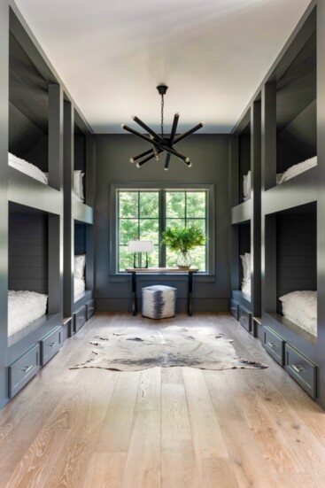 A gorgeous bonus/bunk room is incorporated within Dusty Hannah's custom home.
