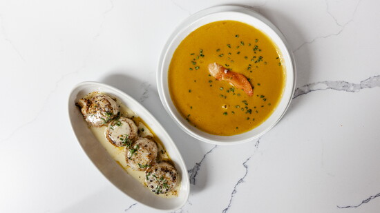 Photo Credit: Lauren Holub Photography Bacon Wrapped Scallops & Lobster Bisque