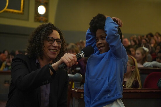 Cayenne Harris with a student at the Jazz at Lincoln Center Orchestra School Day Performance.