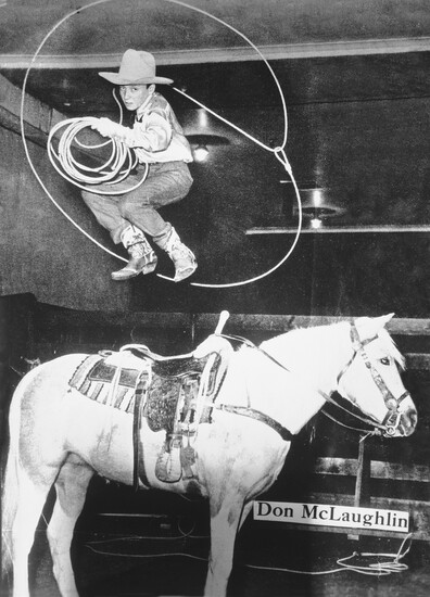 In this photo included in the exhibition, a boy shows off his skills with a horse and lasso.