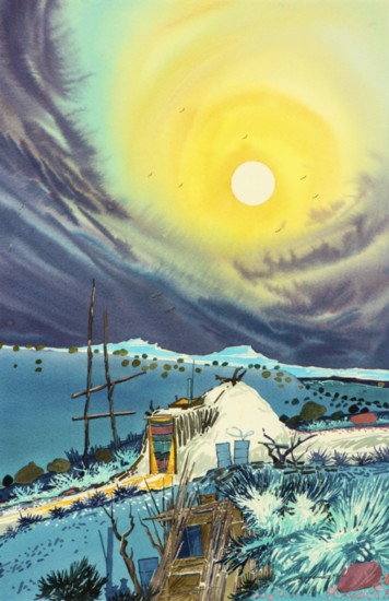 Watercolor painting, Seasons of the Cold Moon (1992), by artist Baje Whitethorne, Sr. (b.1951)