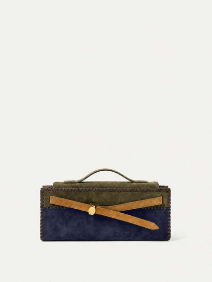 Veronica Beard’s color-blocked Dash bag in cypress, navy and tan with whipstitched trim